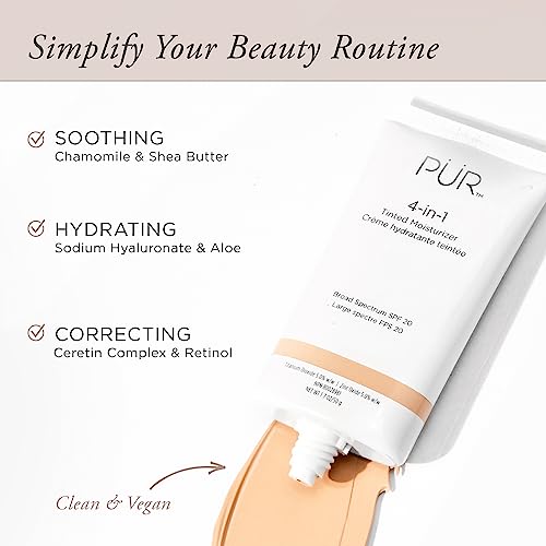 PÜR Beauty 4-in-1 Tinted Moisturizer With SPF 20 - Hydrating Face Moisturizer, Primer, & Foundation With Shea Butter, Aloe Vera & Vitamin B3 - Vegan Friendly - Free of Paraben, Gluten & BPA - Bone