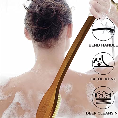 ICANdOIT-19.68Inch Natural Boar Bristles Anti-Slip Extra Long Handle Bath Brush,Bent Handle Shower Scrubber for Exfoliating,Shower Back Brush,Exfoliation Set with Pumice Stone (1 Pack)