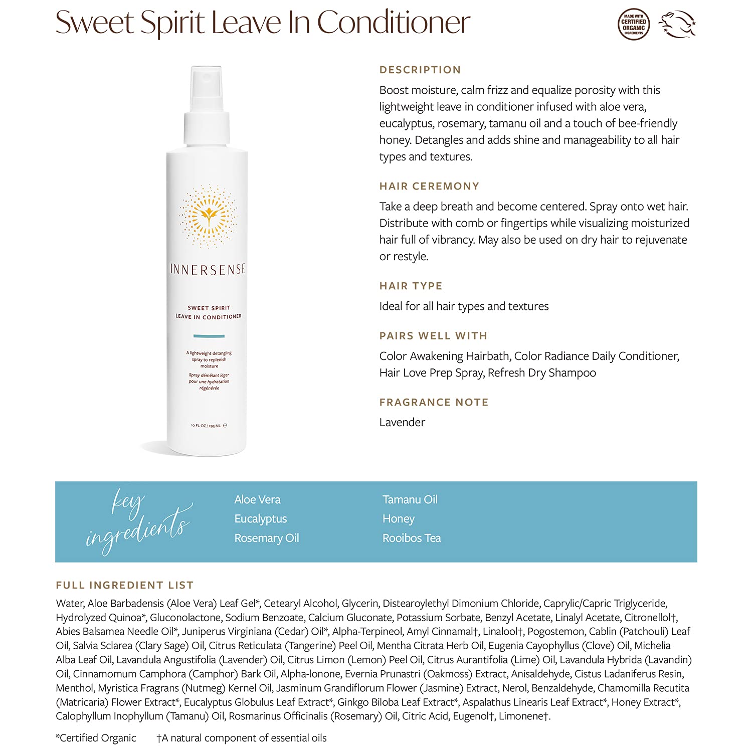 INNERSENSE Organic Beauty - Natural Sweet Spirit Leave-In Conditioner | Non-Toxic, Cruelty-Free, Clean Haircare (Full Size, 10 fl oz | 295 ml)