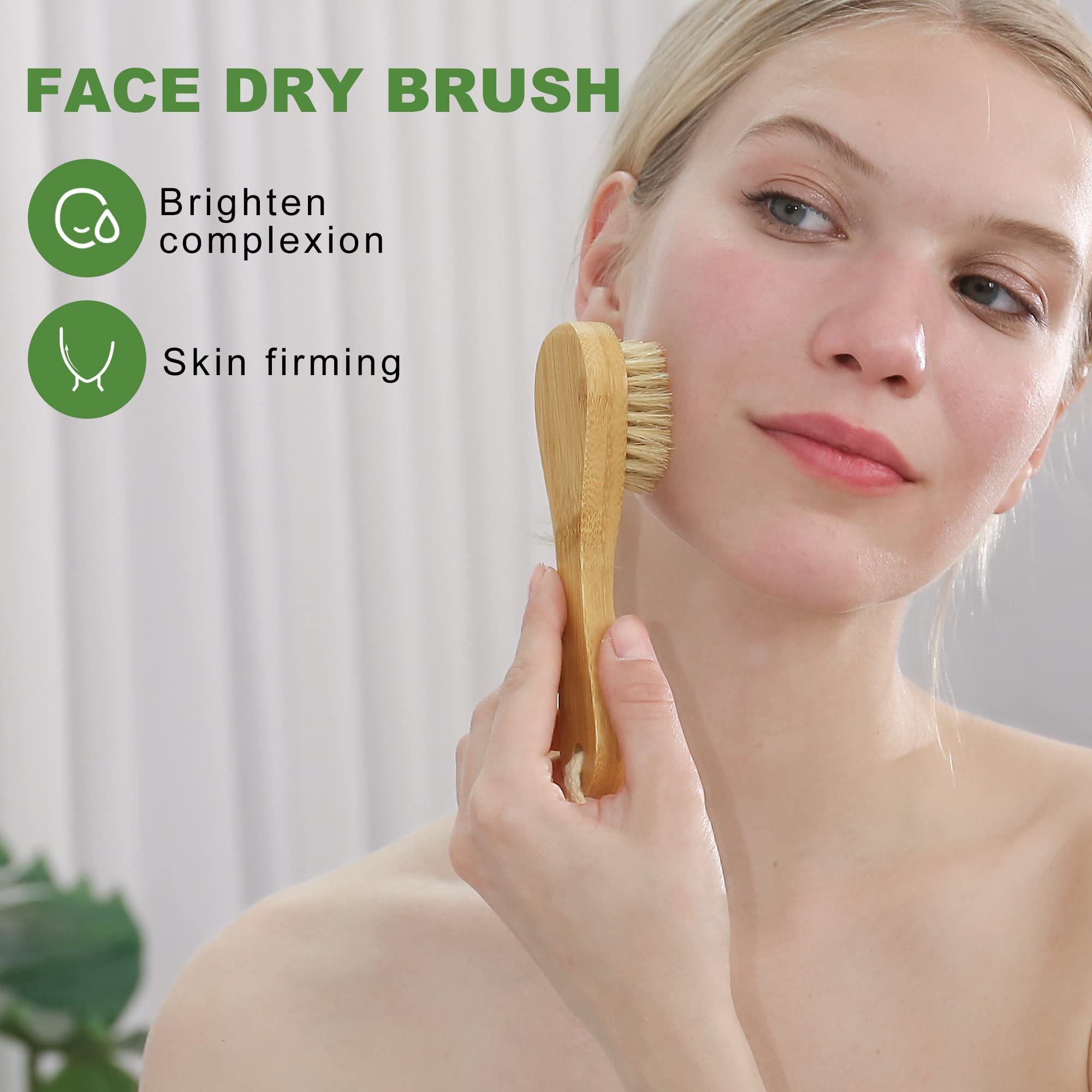 AIFEIVICO Dry Brushing Body Brush, Natural Boar Bristle Exfoliating Dry Brush, Long Handle Back Scrubber Brush, Face Brush, Feet Brush, Massage Nodules Brush for Lymphatic Drainage, Cellulite