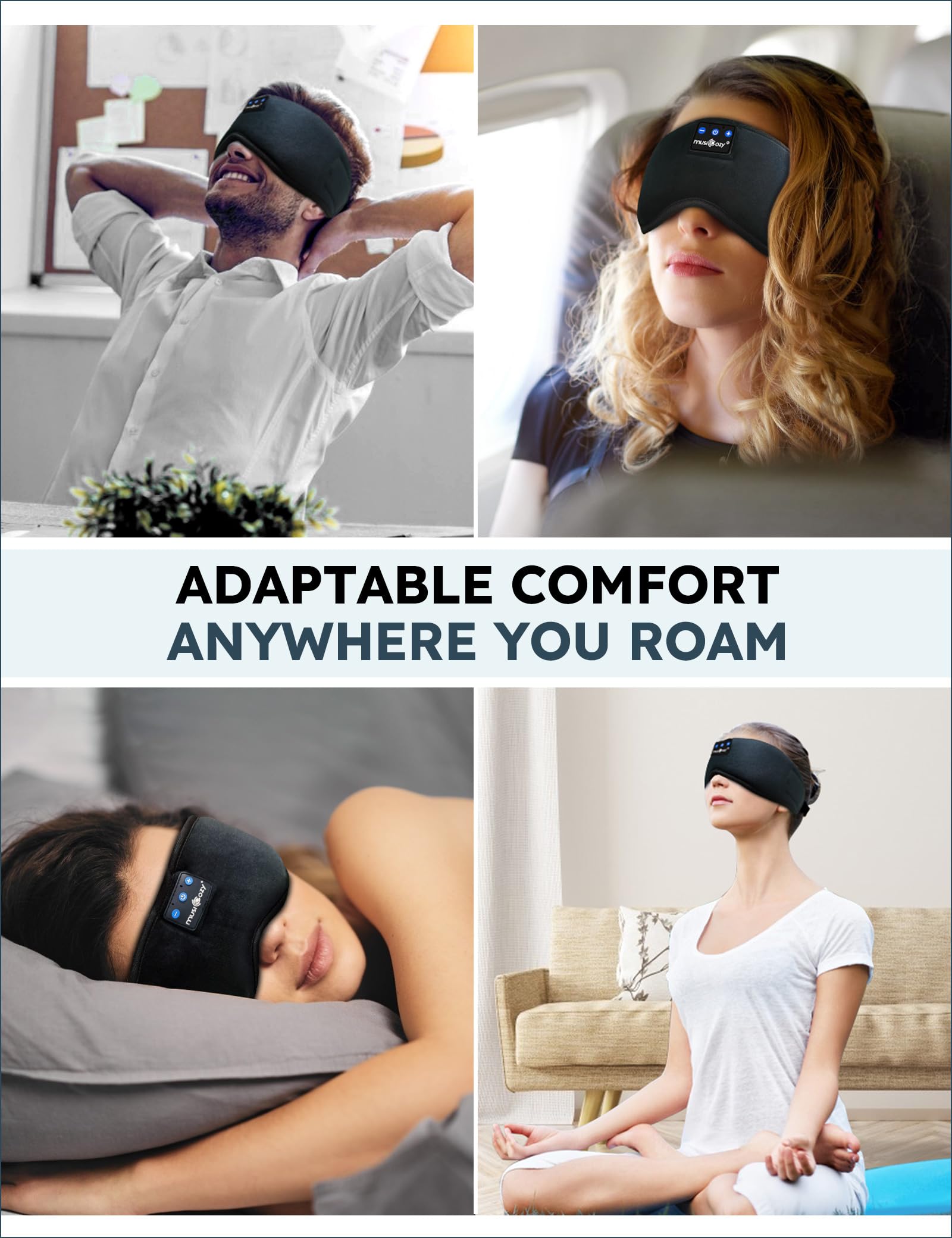 MUSICOZY Sleep Headphones Bluetooth 5.2 Headband Sleeping Headphones Sleep Eye Mask, Wireless Music Earbuds Earphones for Side Sleepers Men Women Air Travel Cool Tech Gadgets Unique Gifts