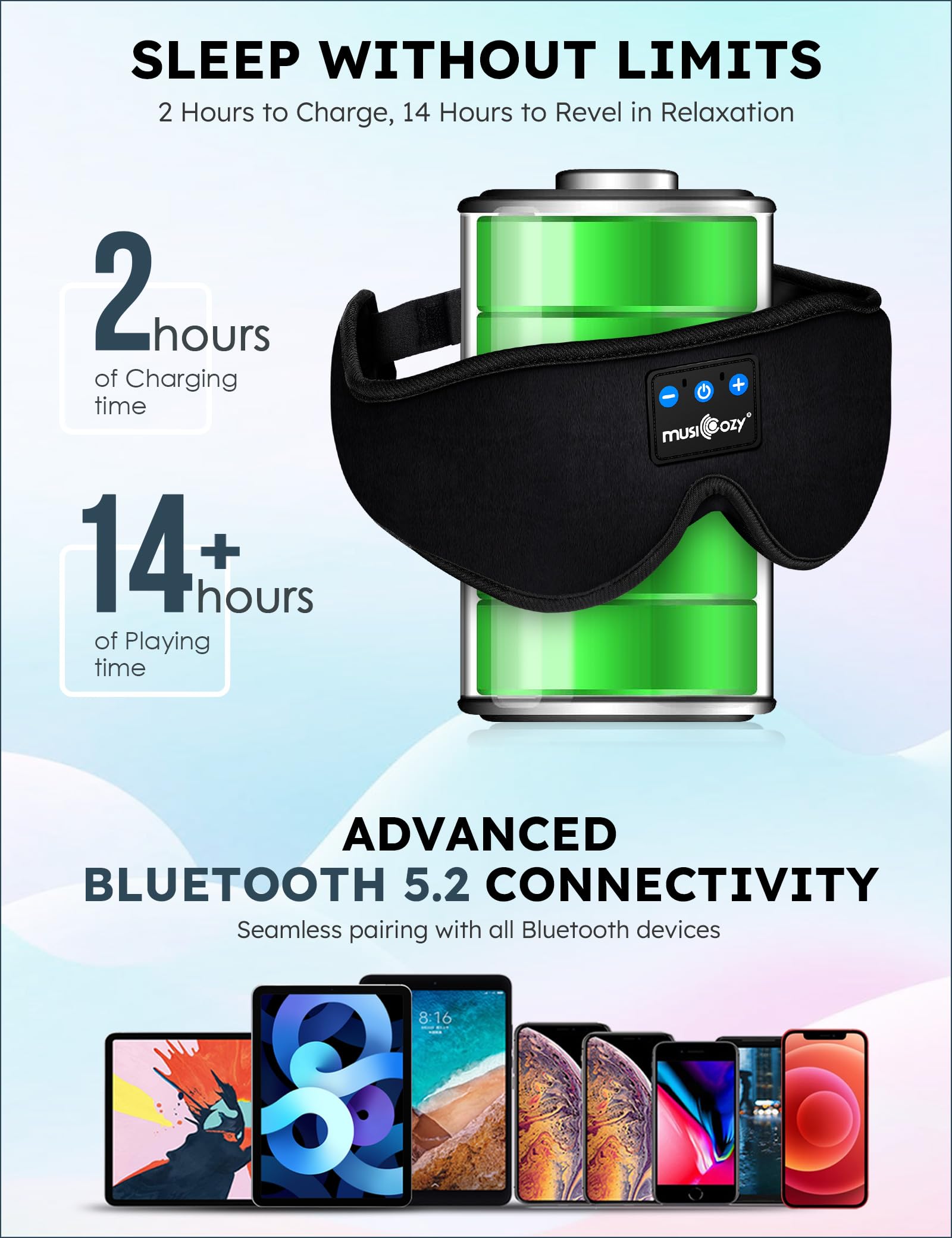 MUSICOZY Sleep Headphones Bluetooth 5.2 Headband Sleeping Headphones Sleep Eye Mask, Wireless Music Earbuds Earphones for Side Sleepers Men Women Air Travel Cool Tech Gadgets Unique Gifts
