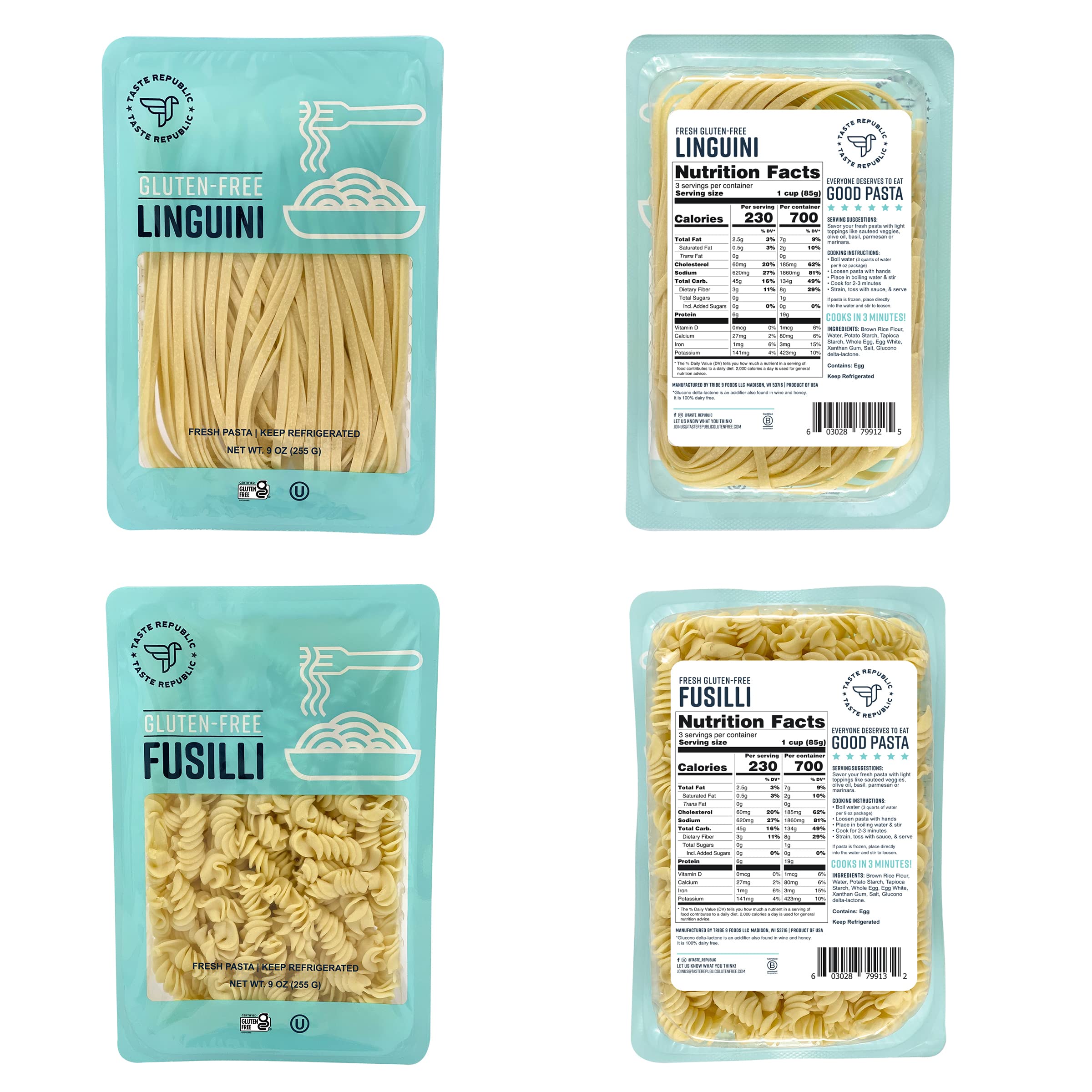 Gluten-Free Pasta Variety Pack | Cooks in 3 Min or Less | Spinach Fettuccine, Four Cheese Tortelloni, Red Lentil Fusilli, and Cauliflower Fresh Noodles | Taste Republic | Frozen, 9oz ea (Pack of 6)