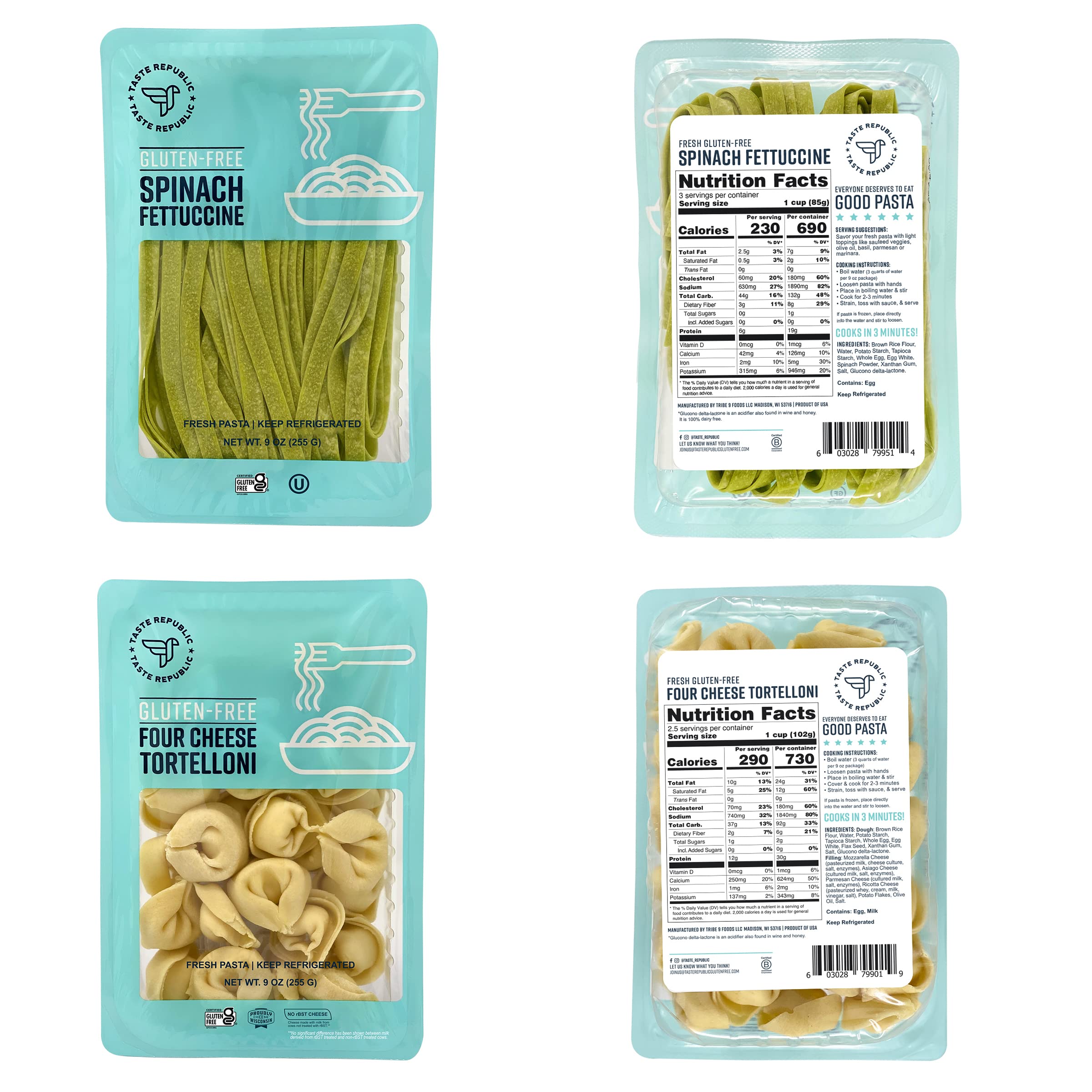 Gluten-Free Pasta Variety Pack | Cooks in 3 Min or Less | Spinach Fettuccine, Four Cheese Tortelloni, Red Lentil Fusilli, and Cauliflower Fresh Noodles | Taste Republic | Frozen, 9oz ea (Pack of 6)