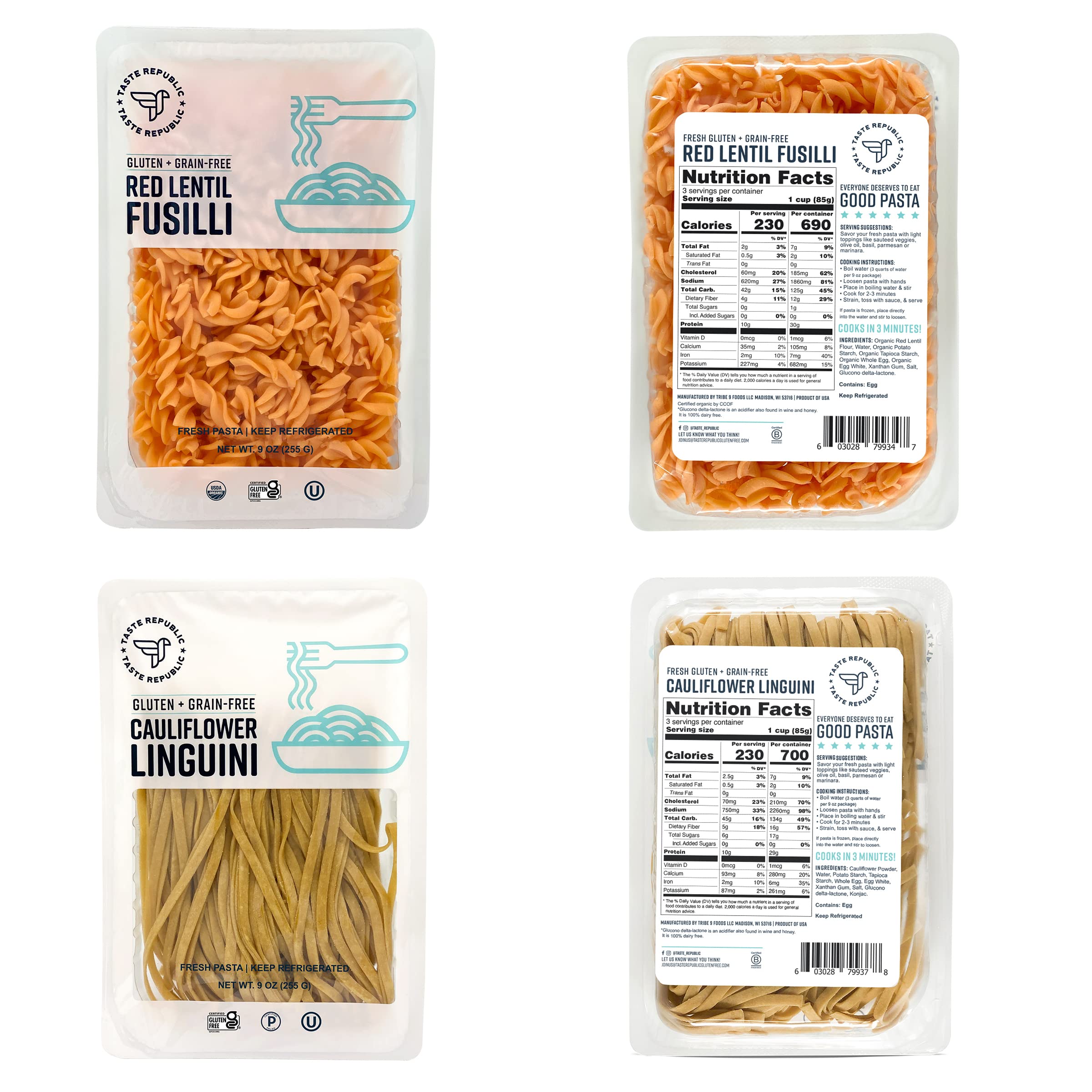 Gluten-Free Pasta Variety Pack | Cooks in 3 Min or Less | Spinach Fettuccine, Four Cheese Tortelloni, Red Lentil Fusilli, and Cauliflower Fresh Noodles | Taste Republic | Frozen, 9oz ea (Pack of 6)