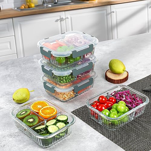 KOMUEE Glass Meal Prep Containers 3 Compartment with lids, 5 Pack 36 oz, Airtight Food Storage Glass Lunch Bento Box, Dishwasher and Microwave Safe,Gray