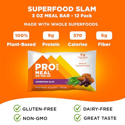 PROBAR - Meal Bar, Superfood Slam, Non-GMO, Gluten-Free, Healthy, Plant-Based Whole Food Ingredients, Natural Energy, 3 Ounce (Pack of 12)