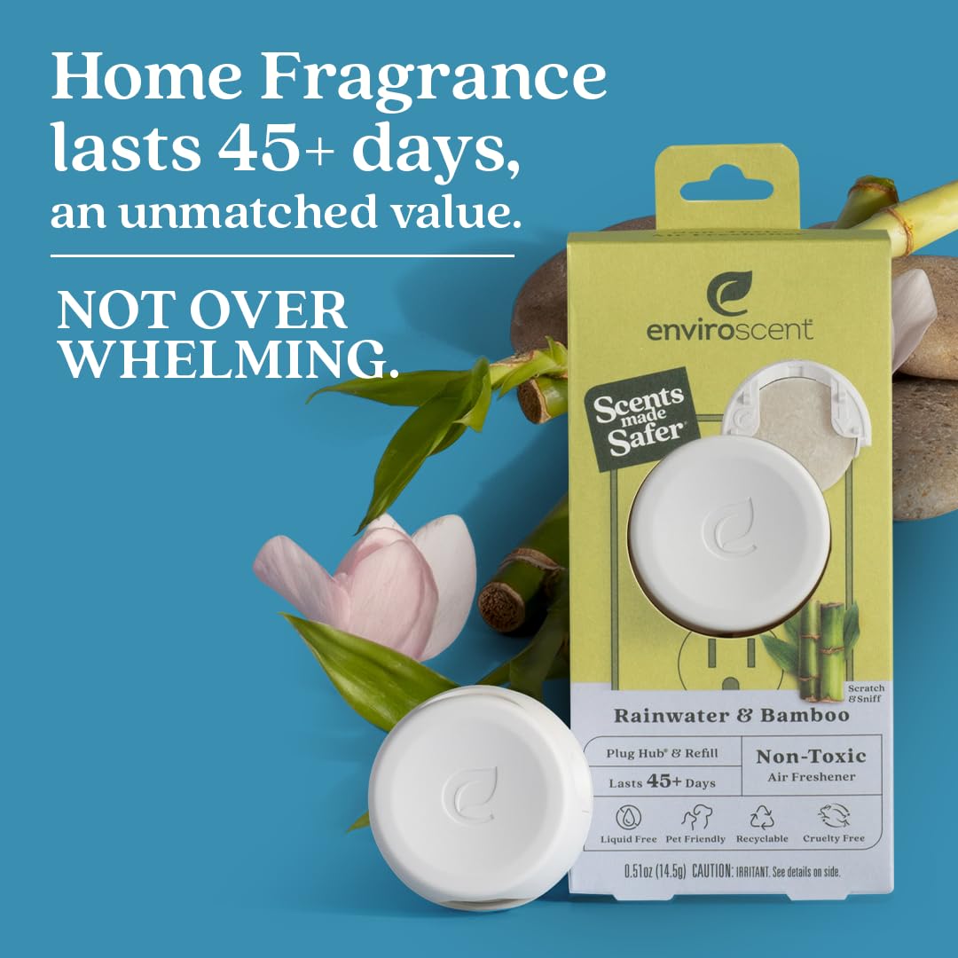 Enviroscent Non Toxic Air Freshener (Rainwater & Bamboo) Plug-in Air Freshener for Home | Essential Oil Plug In | Home Fragrance Last 45+ Days | 1 Refillable Air Freshener Plug In & 1 Scent Refill