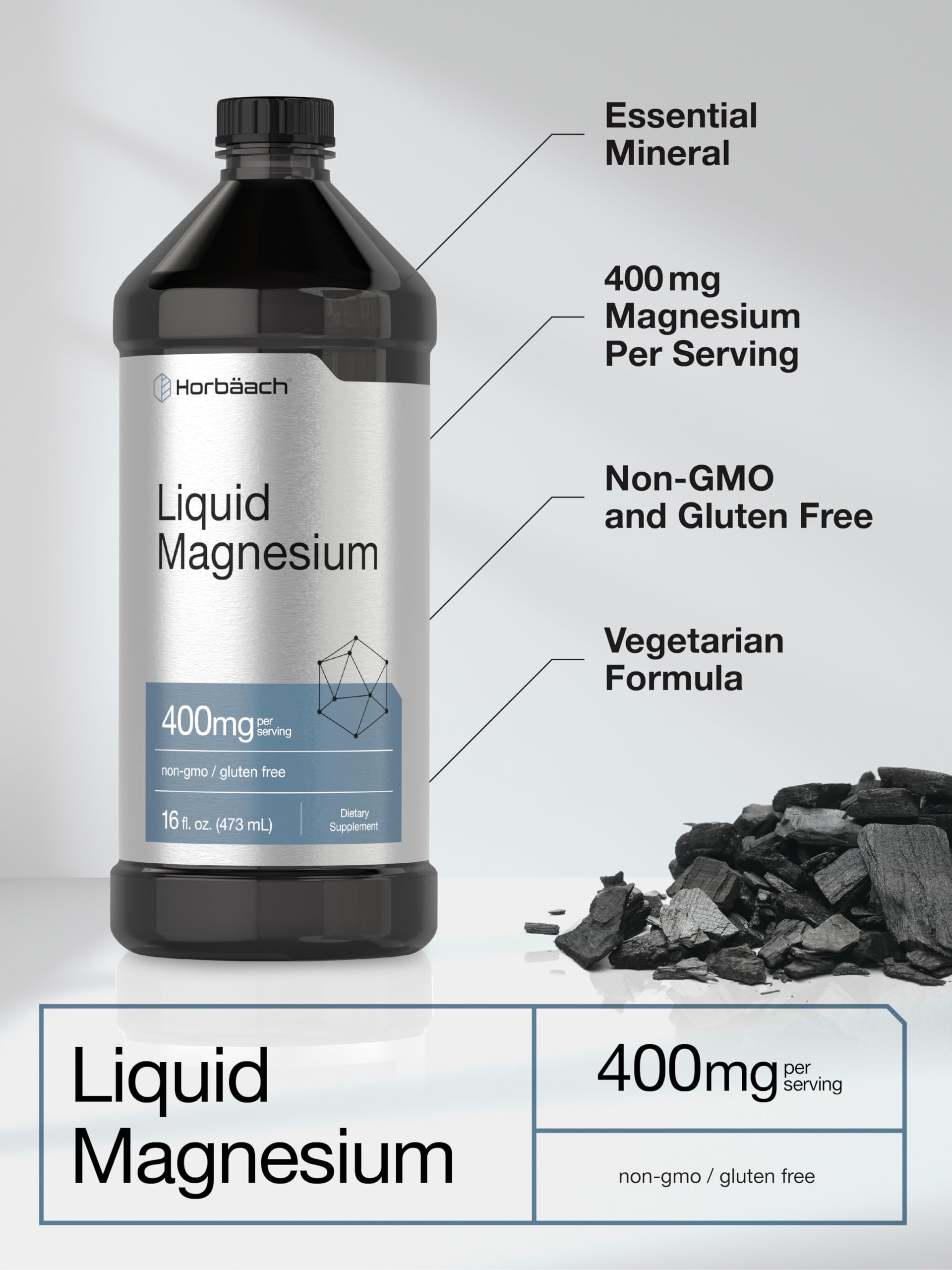 Horbäach Liquid Magnesium 400 mg | 16 oz | Vegetarian, Non-GMO & Gluten Free Supplement