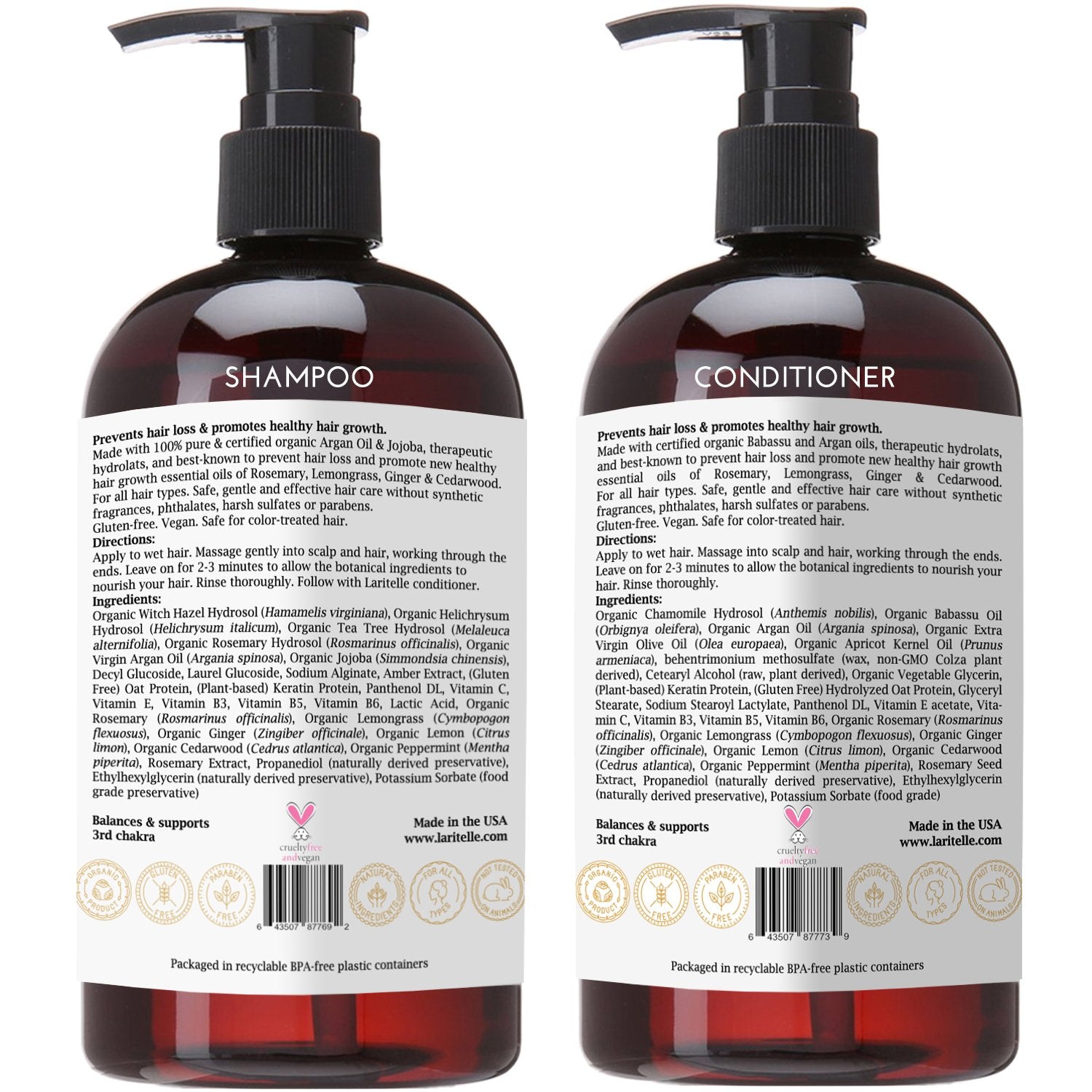 Laritelle Organic Shampoo 17 oz + Conditioner 16 oz | Prevents Hair Loss, Promotes Hair Growth | Argan Oil, Rosemary, Ginger & Cedarwood | NO GMO, Sulfates, Gluten, Alcohol, Parabens, Phthalates