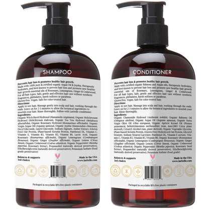 Laritelle Organic Shampoo 17 oz + Conditioner 16 oz | Prevents Hair Loss, Promotes Hair Growth | Argan Oil, Rosemary, Ginger & Cedarwood | NO GMO, Sulfates, Gluten, Alcohol, Parabens, Phthalates
