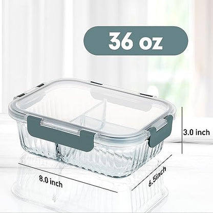 KOMUEE Glass Meal Prep Containers 3 Compartment with lids, 5 Pack 36 oz, Airtight Food Storage Glass Lunch Bento Box, Dishwasher and Microwave Safe,Gray